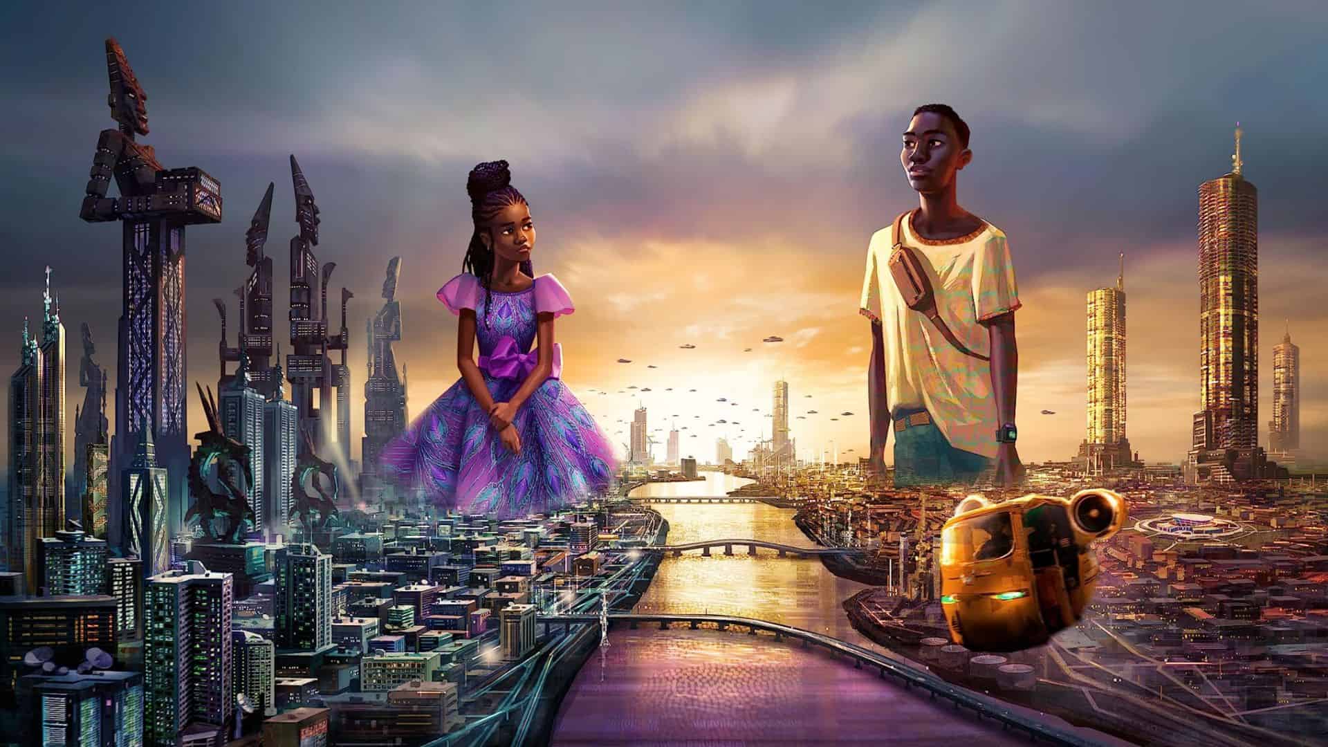 A girl in a purple dress looks at a boy in a yellow shirt over a futuristic cityscape in this image from Walt Disney Studios