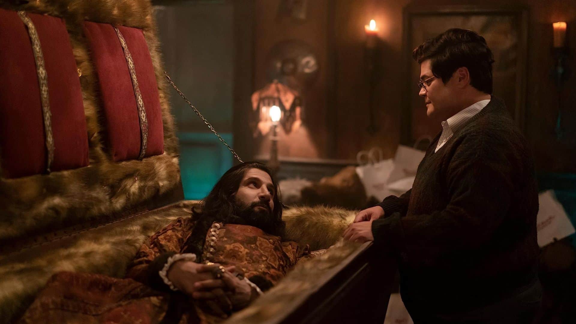Kayvan Novak stares at Harvey Guillénin from his coffin in this image from FX Productions.