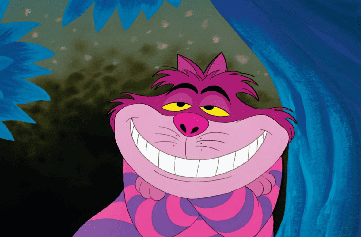 Cheshire Cat hanging out near a tree in this image from Walt Disney Animation Studios.