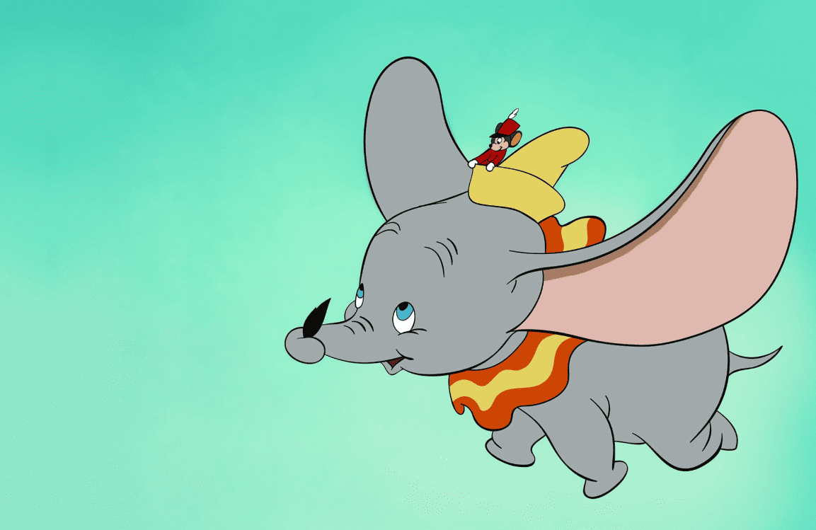 Dumbo and Timothy flying in the sky in this image from Walt Disney Animation Studios