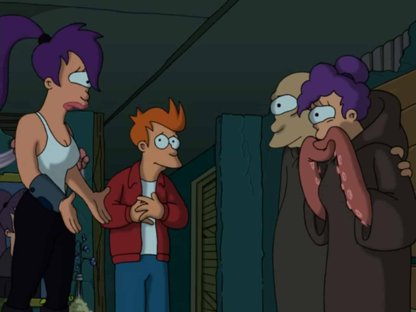 Leela and her parents with Fry in the middle in this image from 20th Century Fox Television
