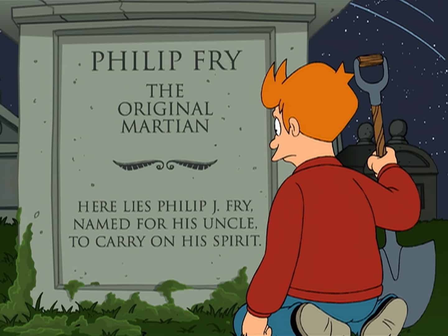 Fry in front of a tombstone in this image from 20th Century Fox Television