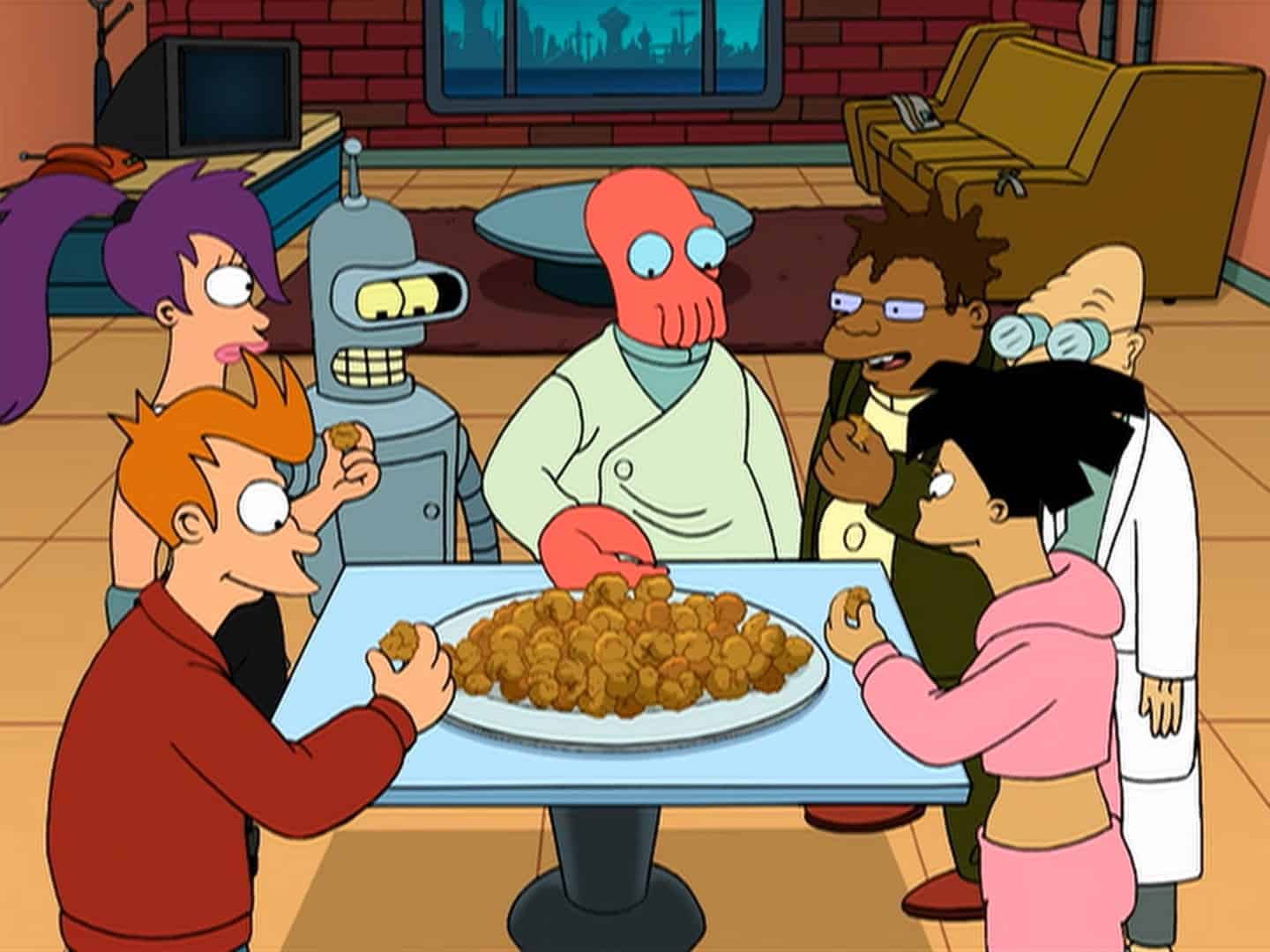 The crew of the Planet Express crowded around a plate of Popplers in this image from 20th Century Fox Television