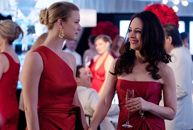 Two women in red dresses with false smiles in this image from Temple Hill Entertainment