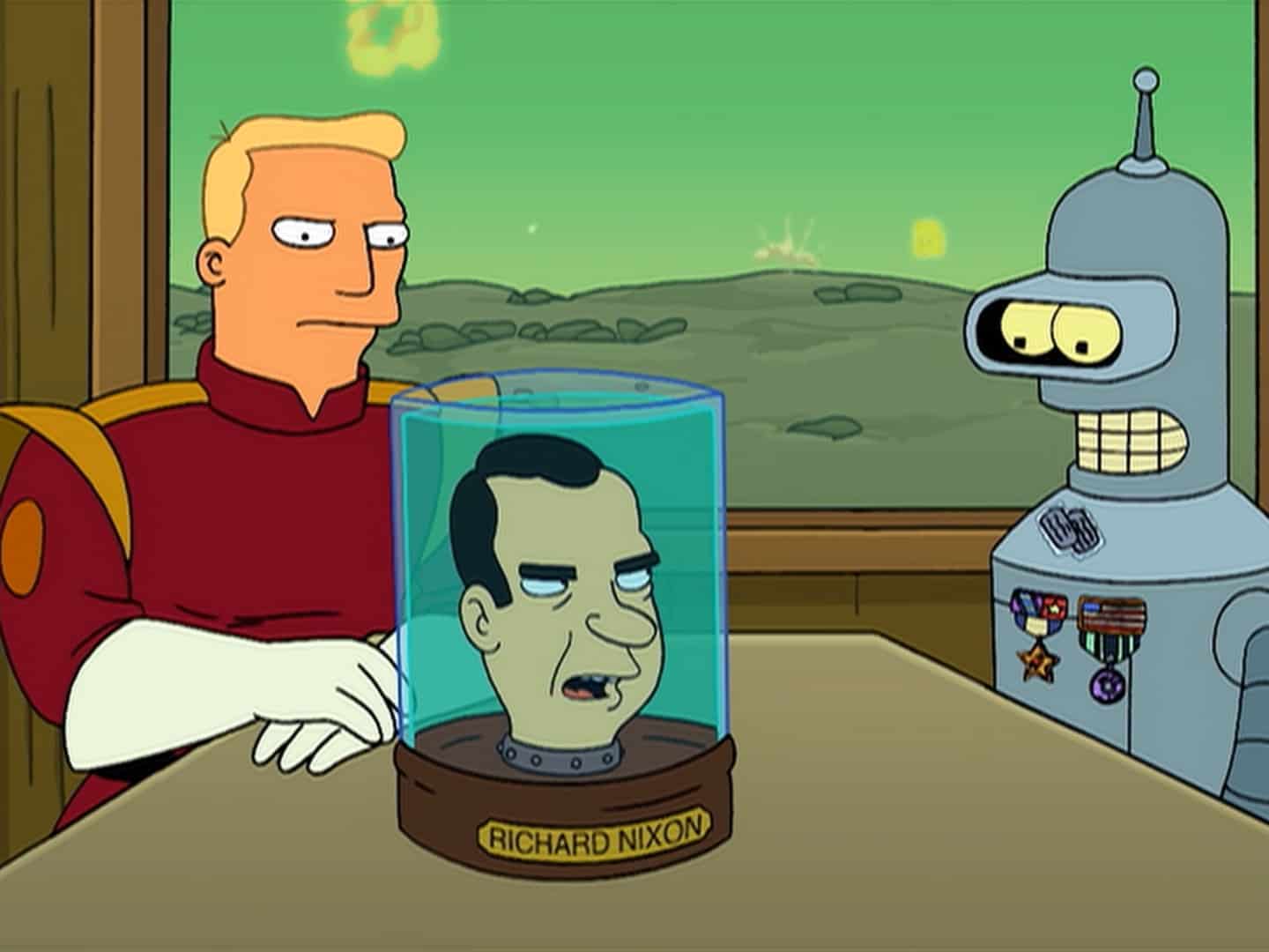 Zapp Brannigan, Richard Nixon, and Bender in this image from 20th Century Fox Television