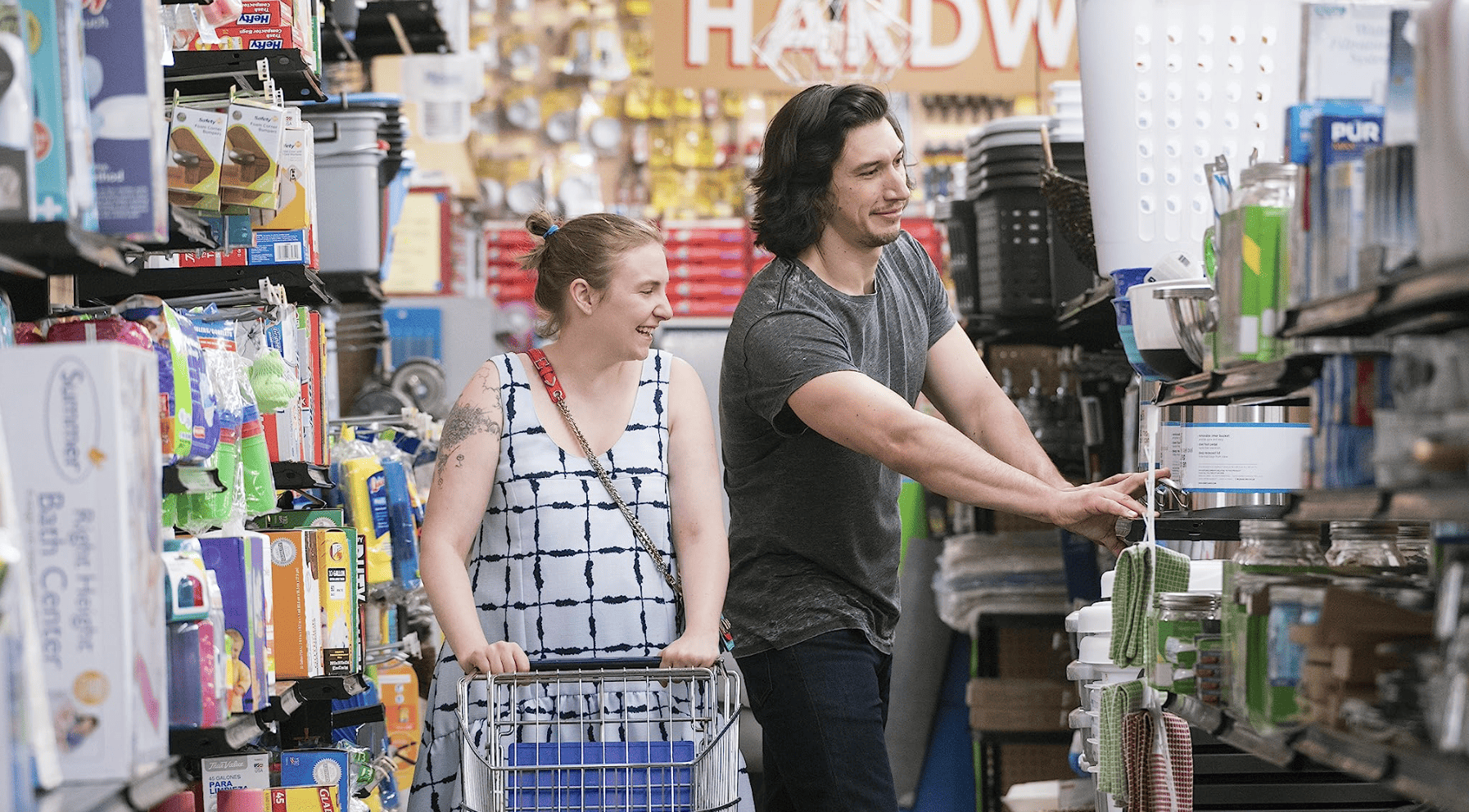 Lena Dunham and Adam Driver shopping together in this image from Apatow Productions