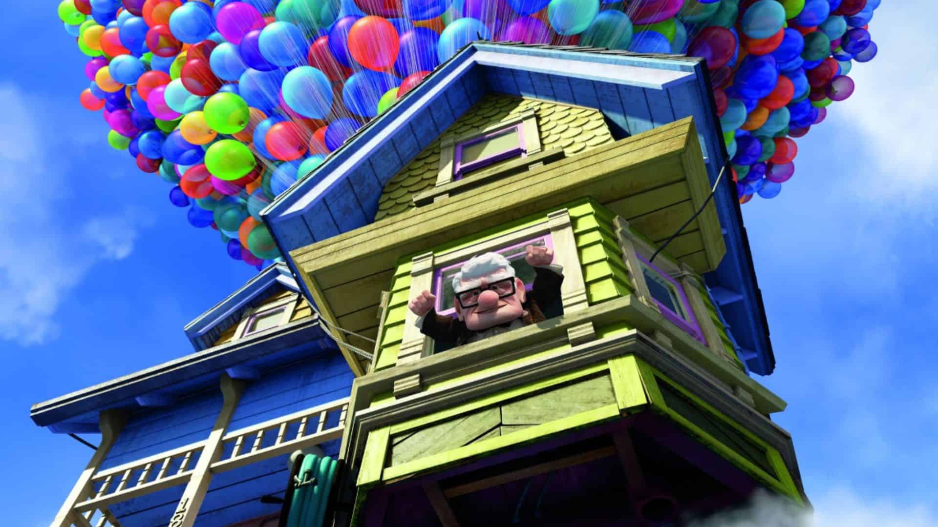 Carl Fredricksen looking down from his flying house in this image from Pixar