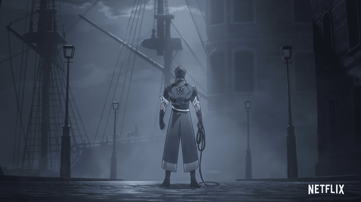 A man stands on the docks in the dark while mist surrounds him in this image from Project 51 Productions.