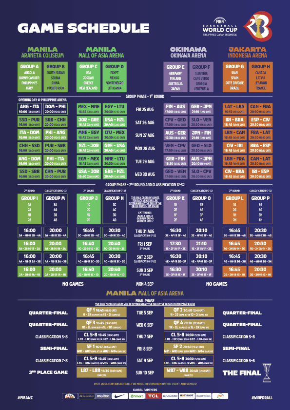 Infographic on the 2023 FIBA Basketball World Cup schedule in this image from FIBA