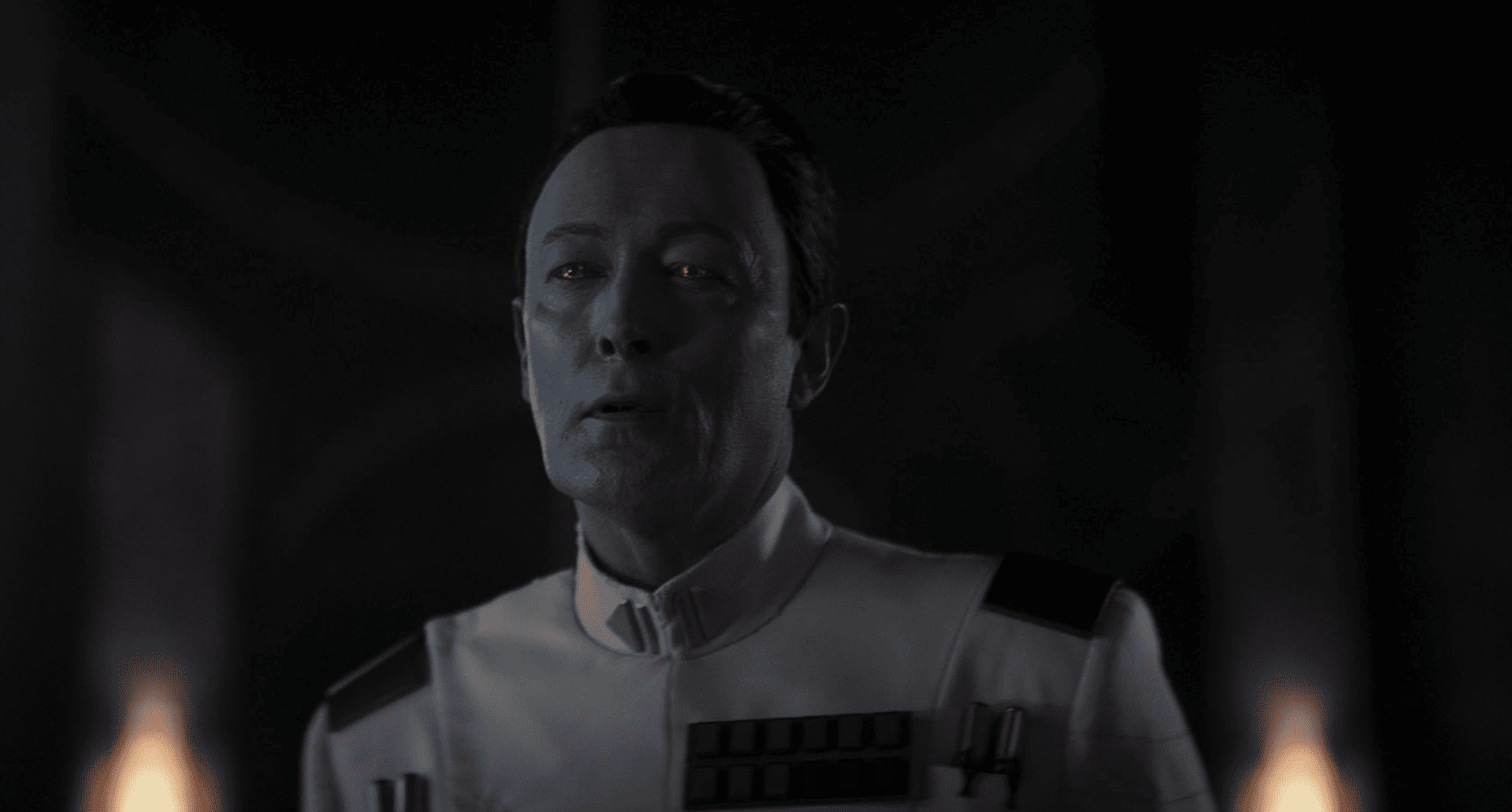 Close-up of Lars Mikkelsen in costume as Grand Admiral Thrawn in this image from Lucasfilm