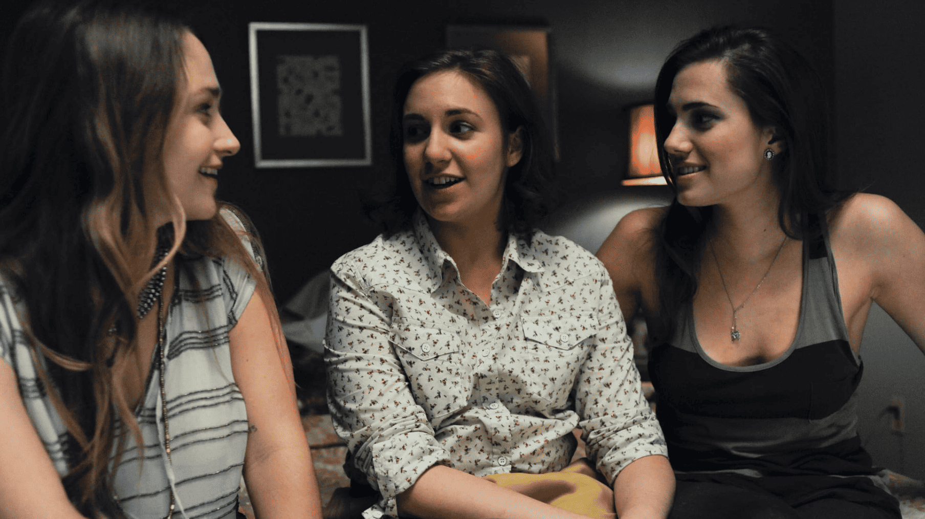 Jemima Kirke, Lena Dunham, and Allison Williams as three college friends hanging out in this image from Apatow Productions