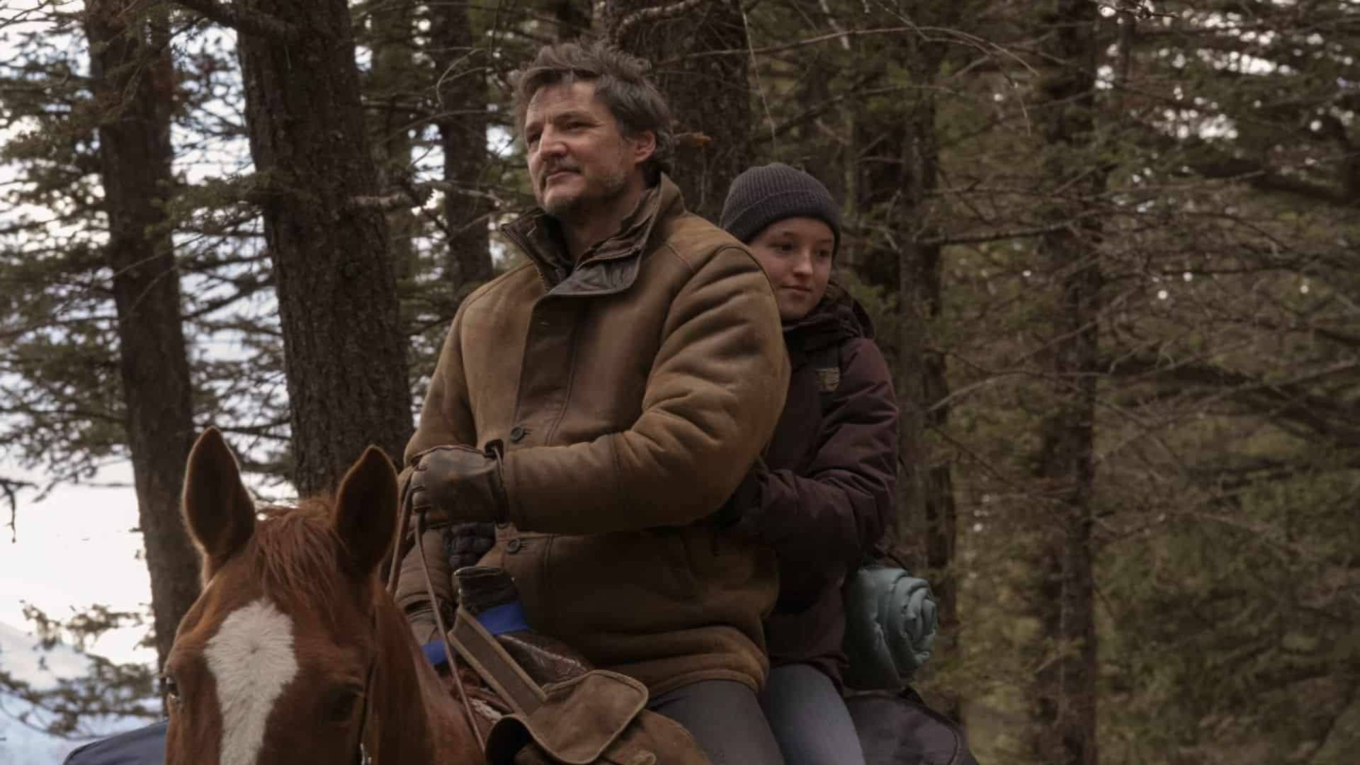 Pedro Pascal and Bella Ramsey riding on a brown horse in this image from Sony Pictures Television