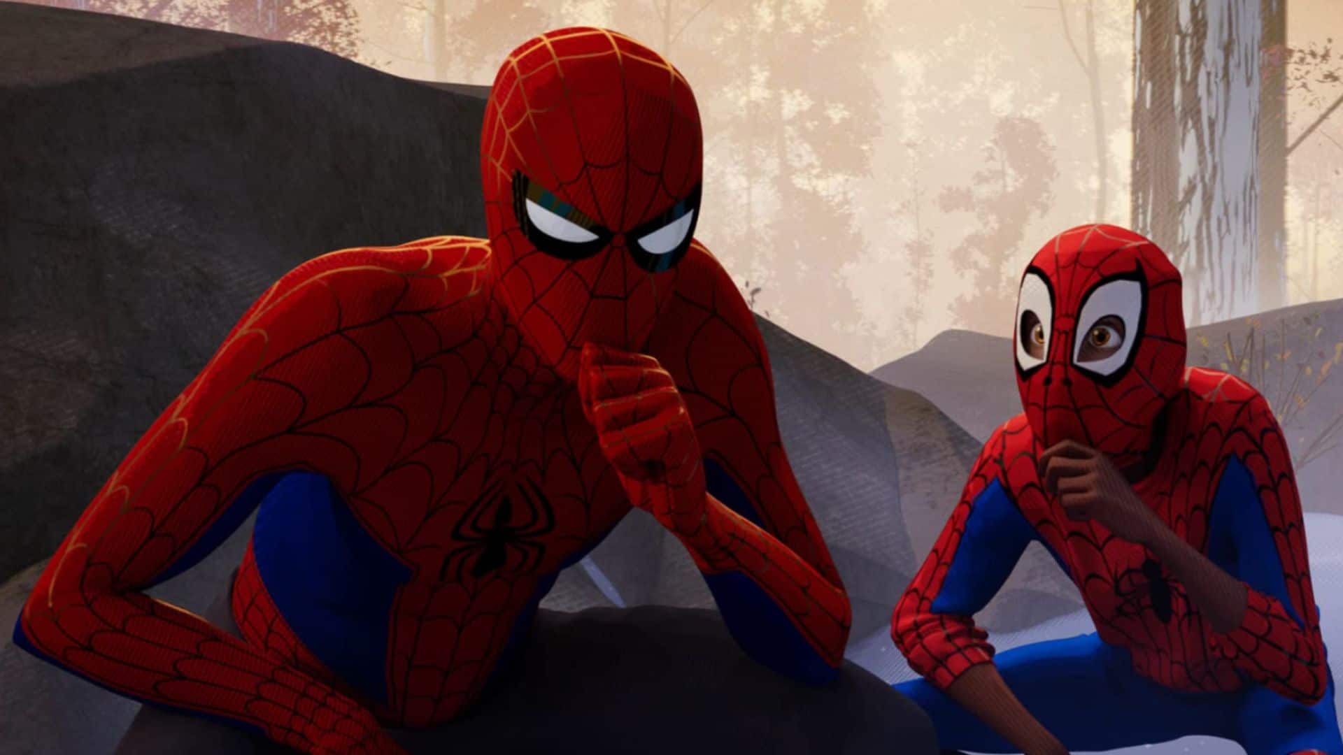 Peter Parker and Miles Morales in Spider-Man costumes in this image from Sony Pictures Animation