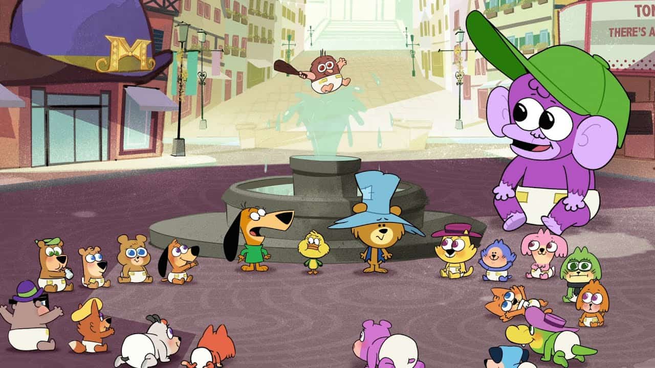 Animated animals in a town square in this image from Animasia Studio.