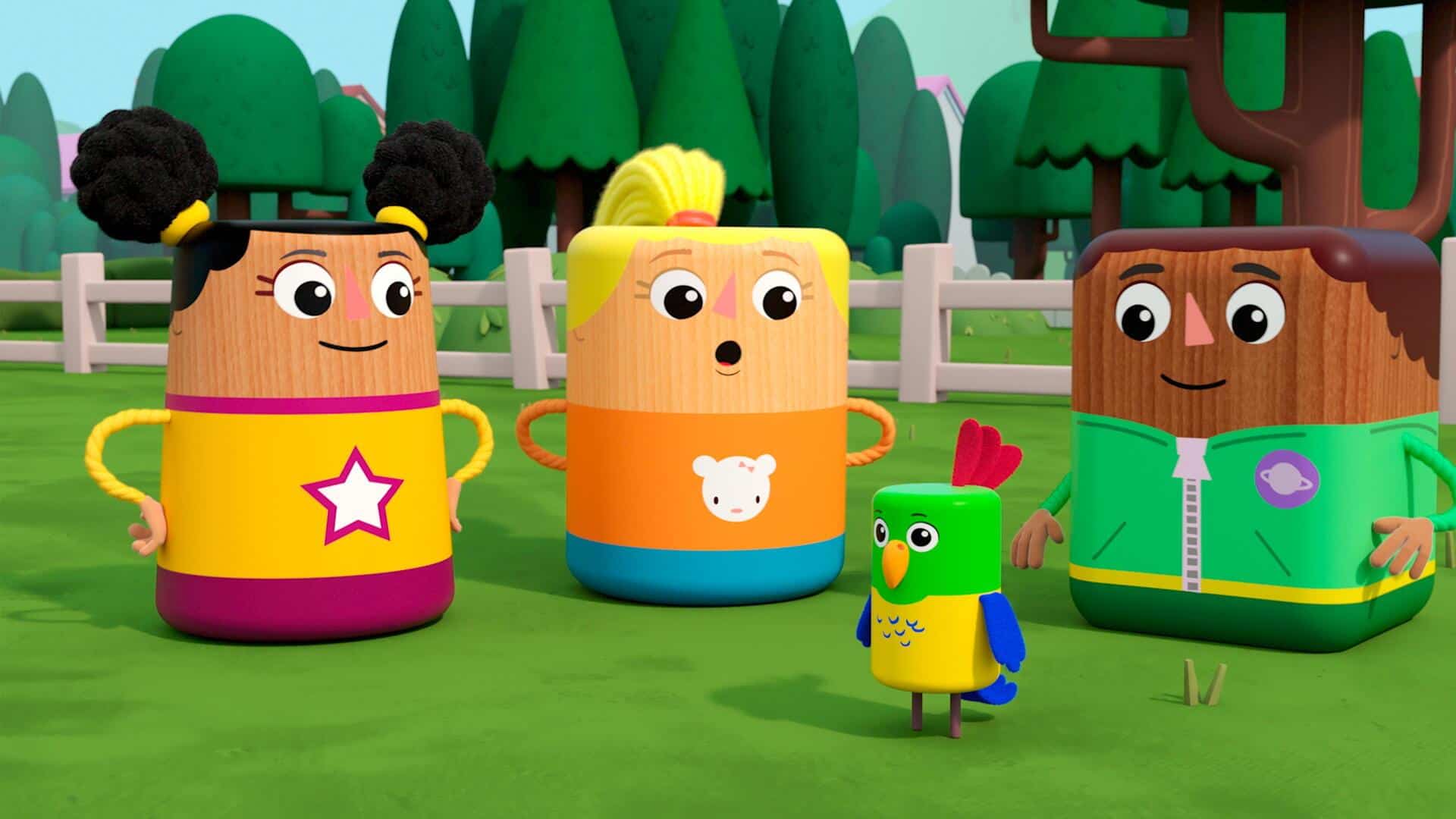 Animated block characters in front of a forest with a bird in this image from Sesame Workshop.