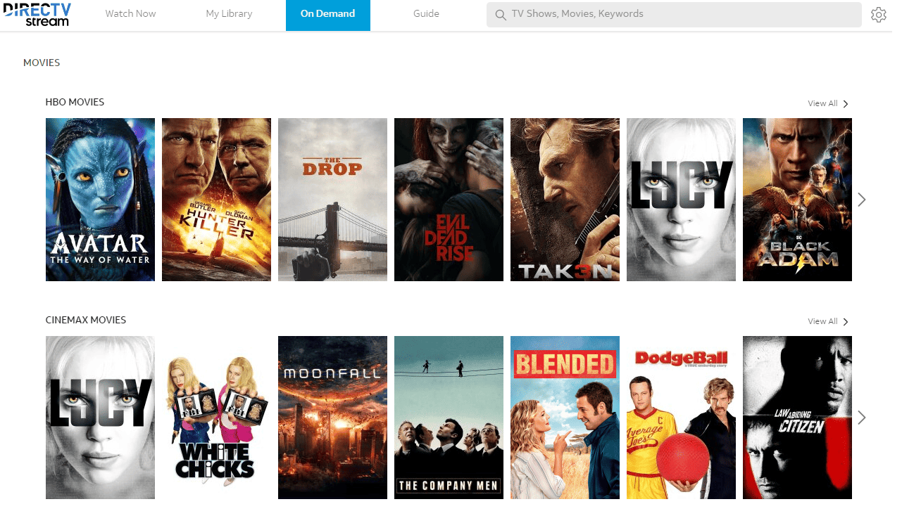 Image of movies displayed under the “On Demand” tab on DIRECTV via Internet