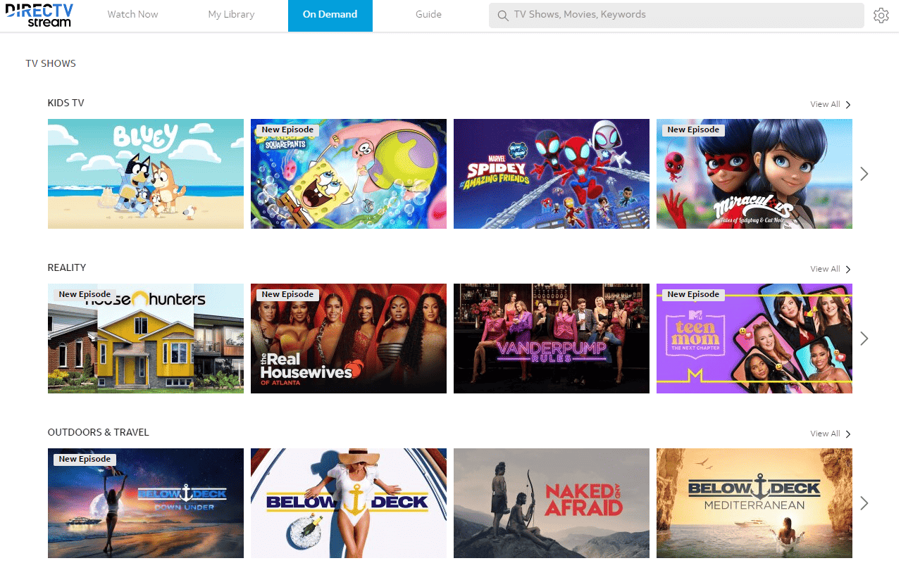 Screenshot of TV shows listed under the “On Demand” tab on DIRECTV via Internet