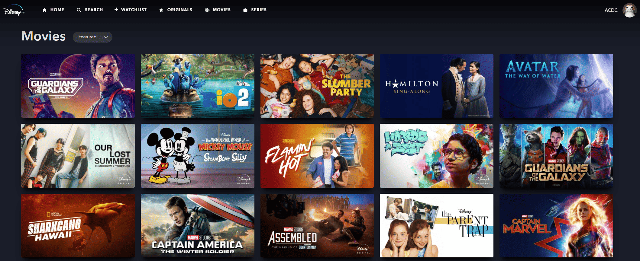 Screenshot of various movies featured under the Movies tab on Disney+.