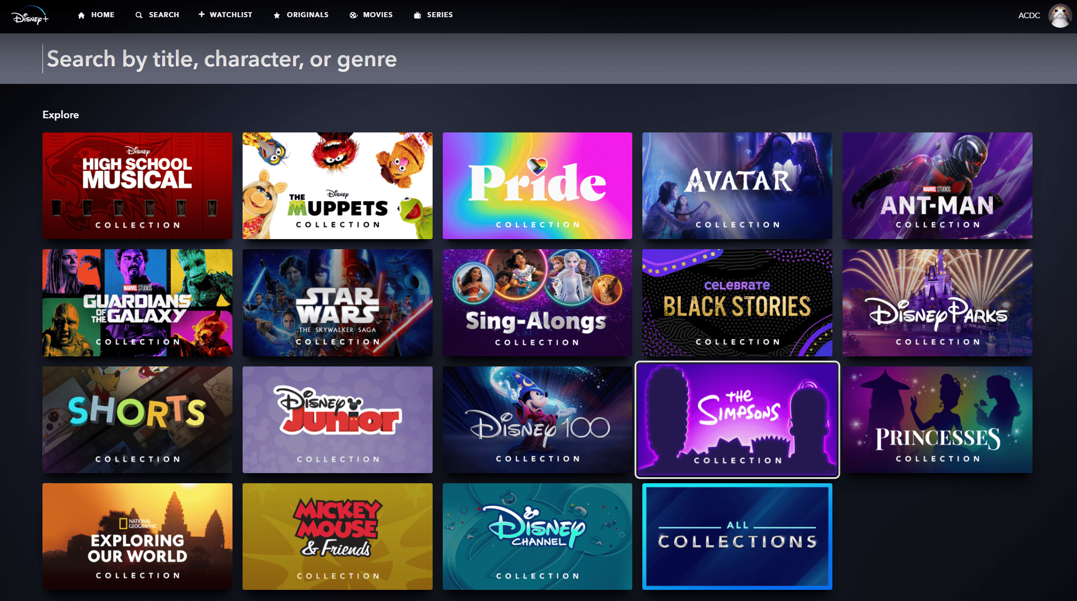 Screenshot of the Search function on Disney+.