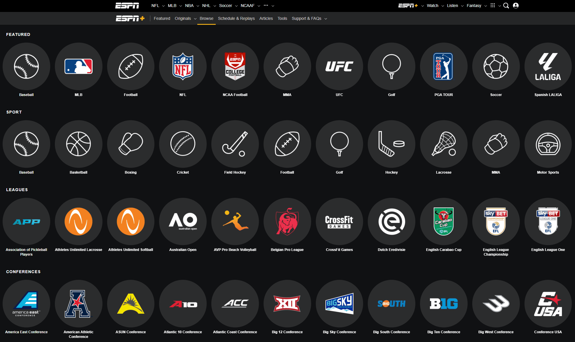 Screenshot of different categories under the “Browsing” tab on ESPN’s Fire TV app