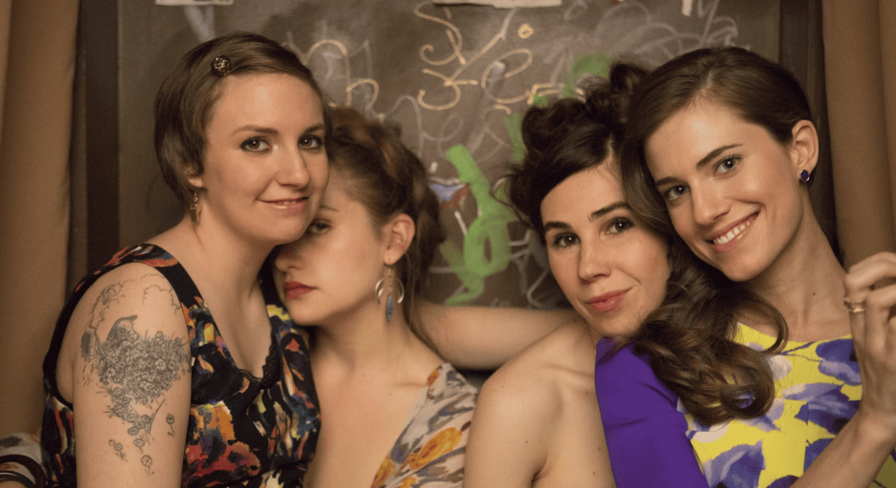 Lena Dunham, Jemima Kirke, Zosia Mamet, and Allison Williams pose for a promotional shoot of Girls in this image from Apatow Productions