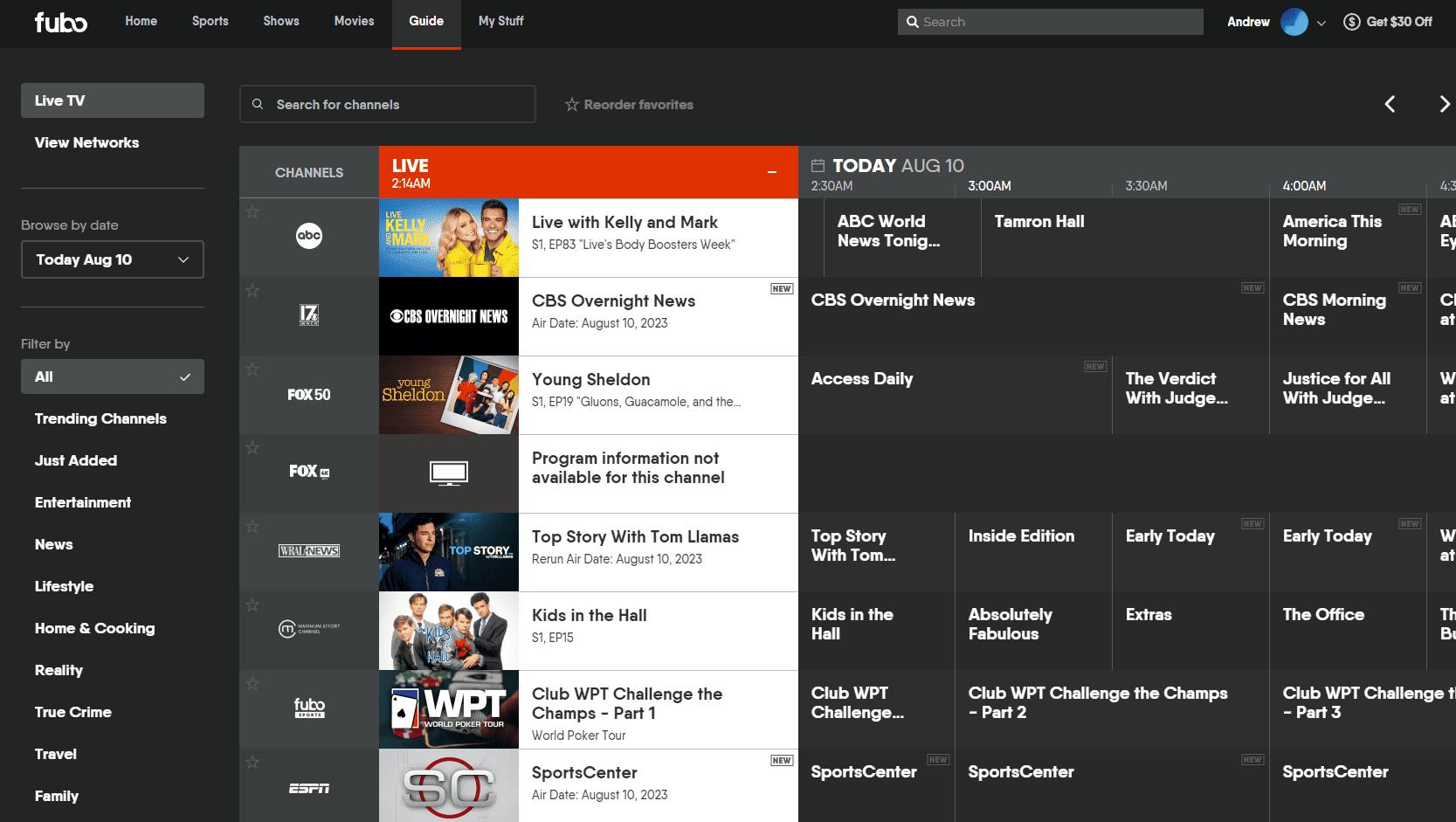 A screenshot of the Live TV channel guide on fuboTV