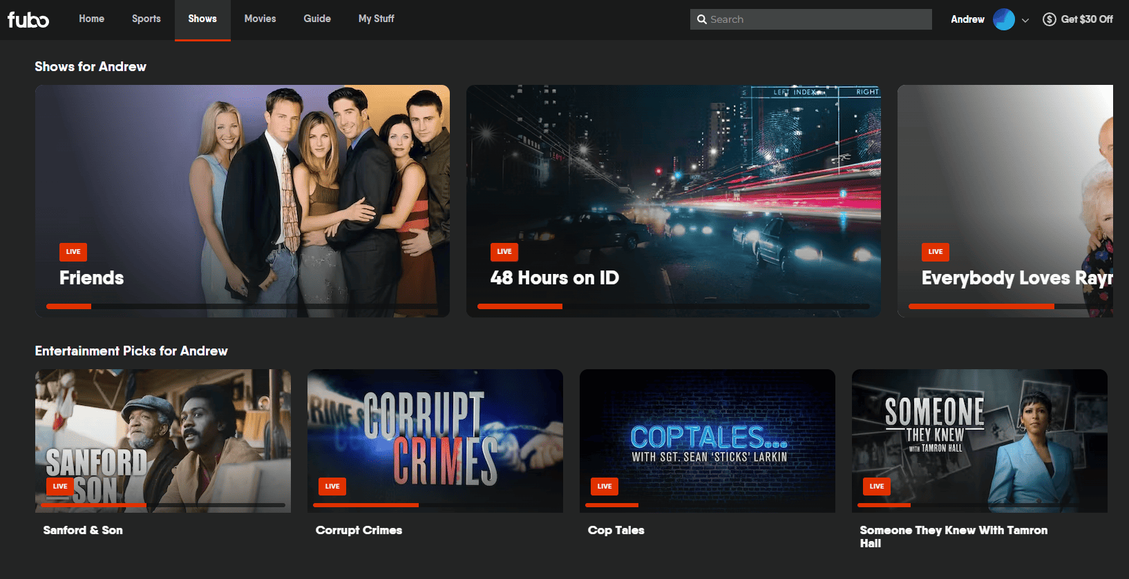 Screenshot of different shows listed under the Shows tab on fuboTV