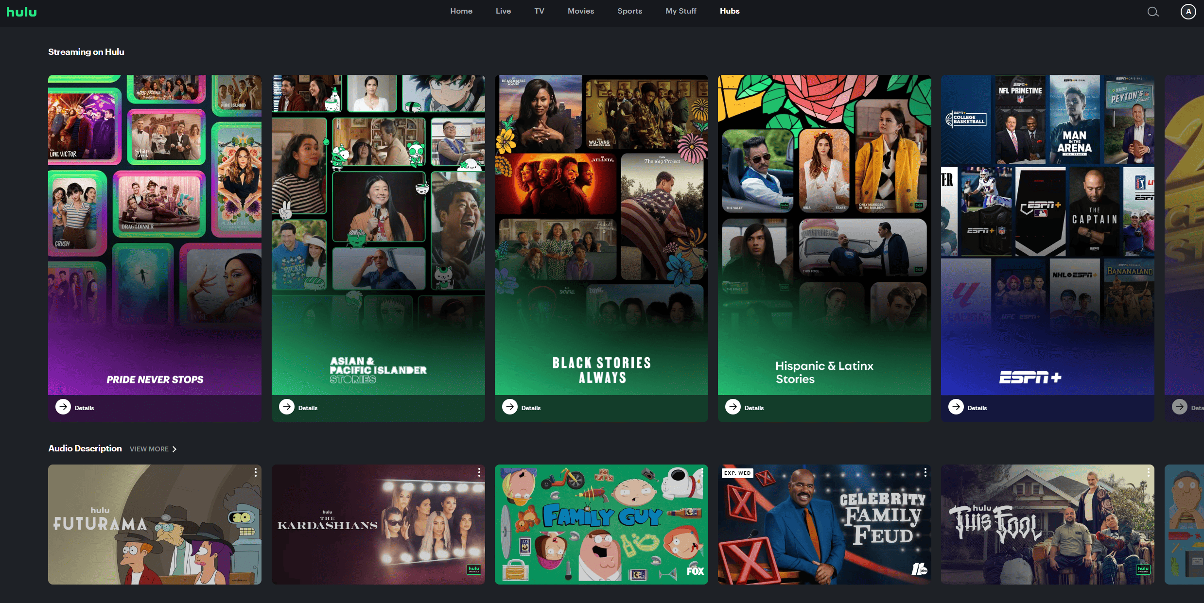 Screenshot of the “Hubs” tab on Hulu showing categories of different shows, movies, and sports