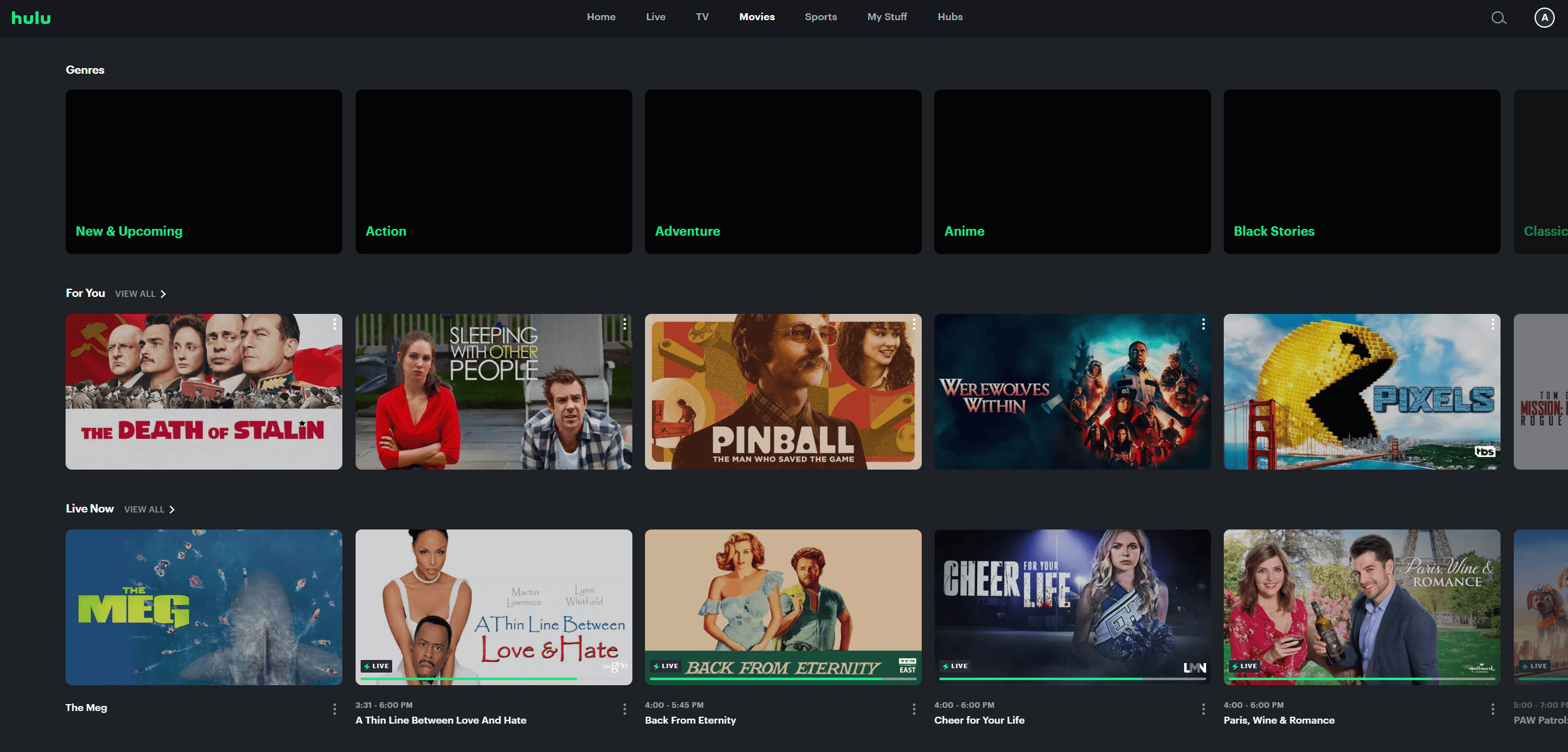 Screenshot of various movies under the “Movies” tab on Hulu