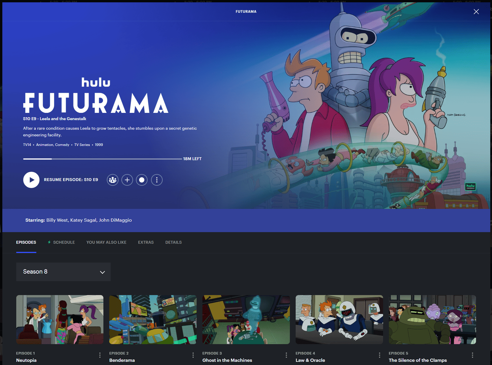 Screenshot of the “Futurama” title card with past and future episodes on Hulu