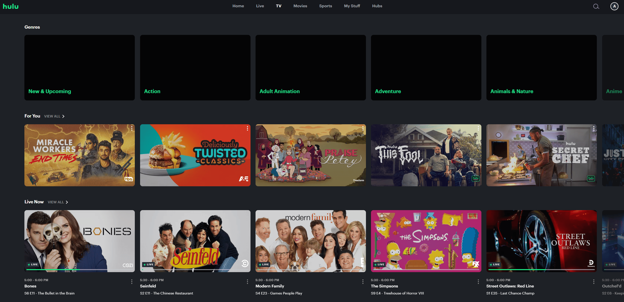 Screenshot of different TV shows under the “TV” tab on Hulu