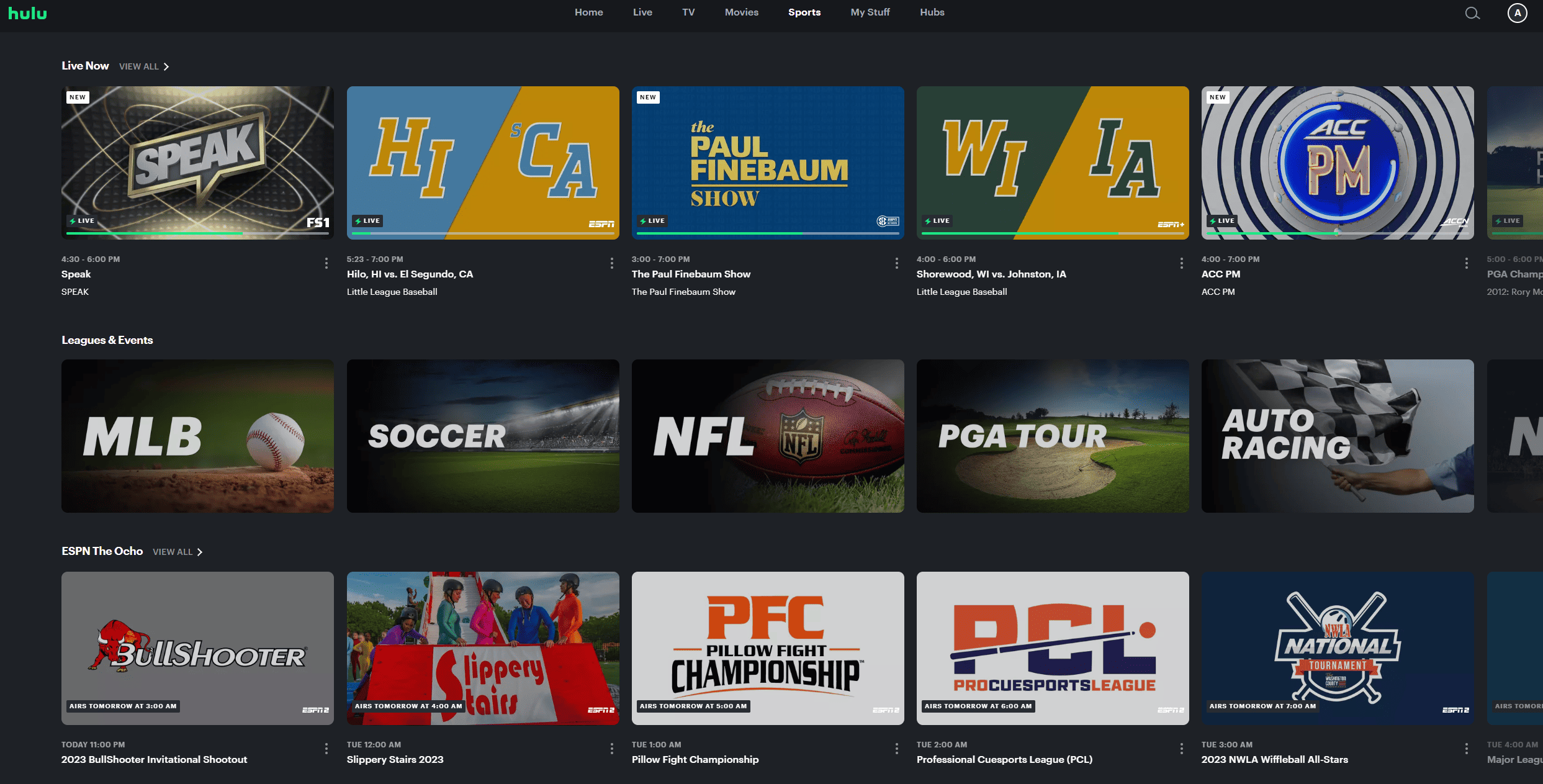 Screenshot of live sports events under the “Sports” tab as seen on Hulu + Live TV