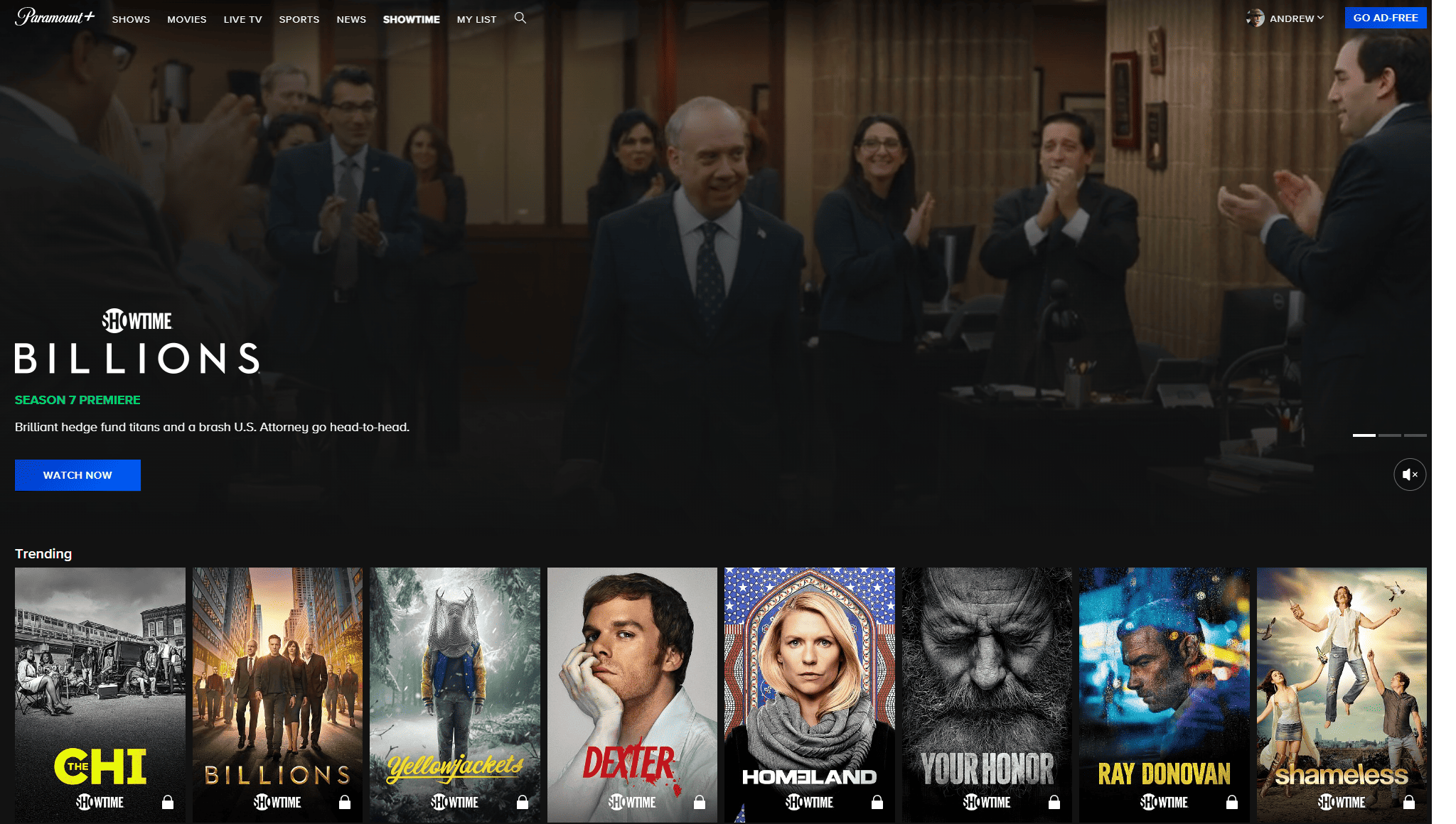 Screenshot of “Billions” title card in the “Showtime” app of the Paramount+ web app