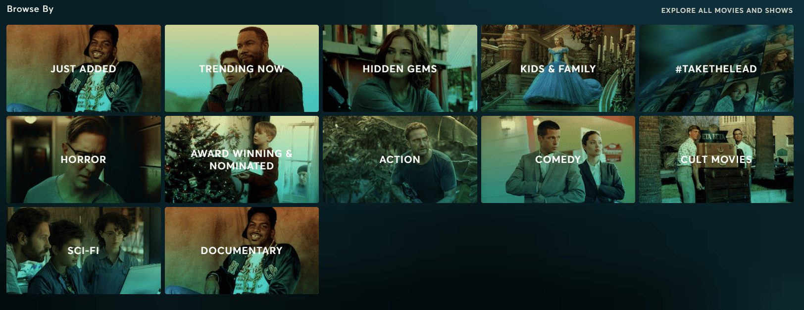 A screenshot of different movie and show options on STARZ