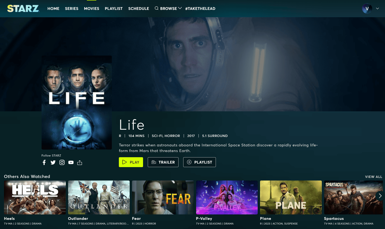 A screenshot of the “Life” movie title card and a list of other movies under the “Movie” tab on STARZ