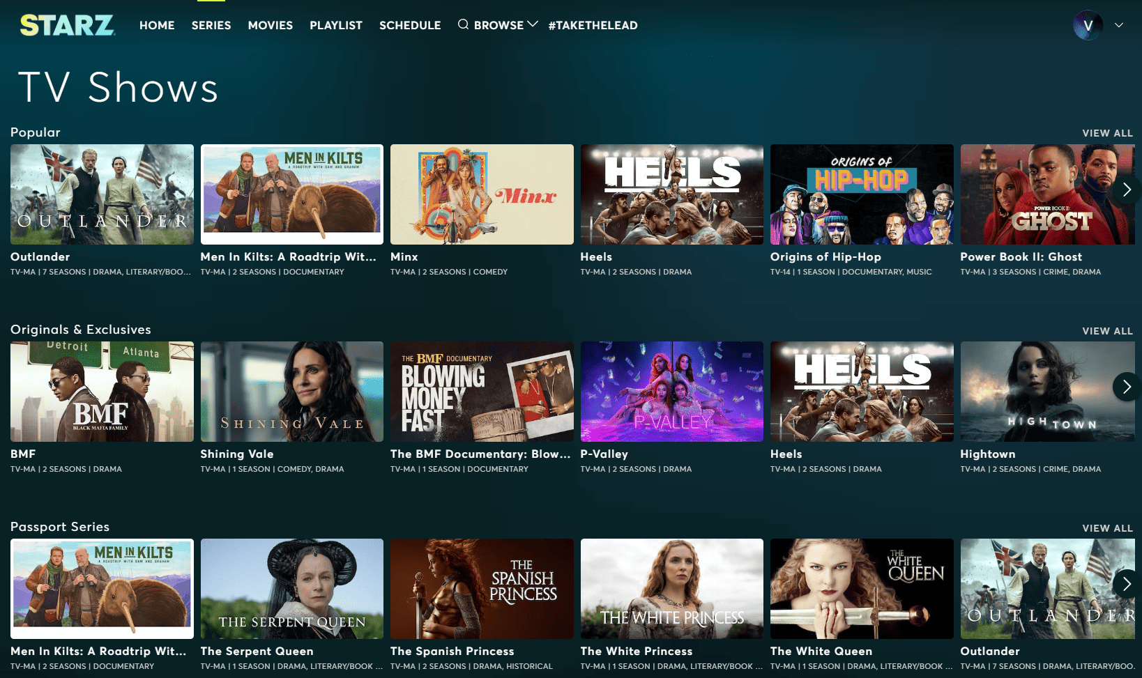 A screenshot of various TV shows under the “Series” tab on STARZ