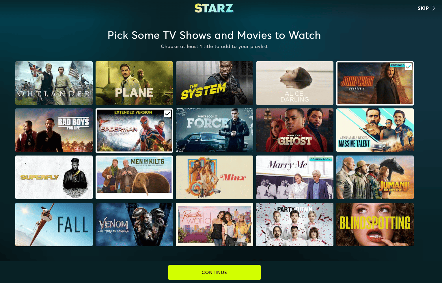 A screenshot of a selection of TV shows and movies to add to a playlist on STARZ