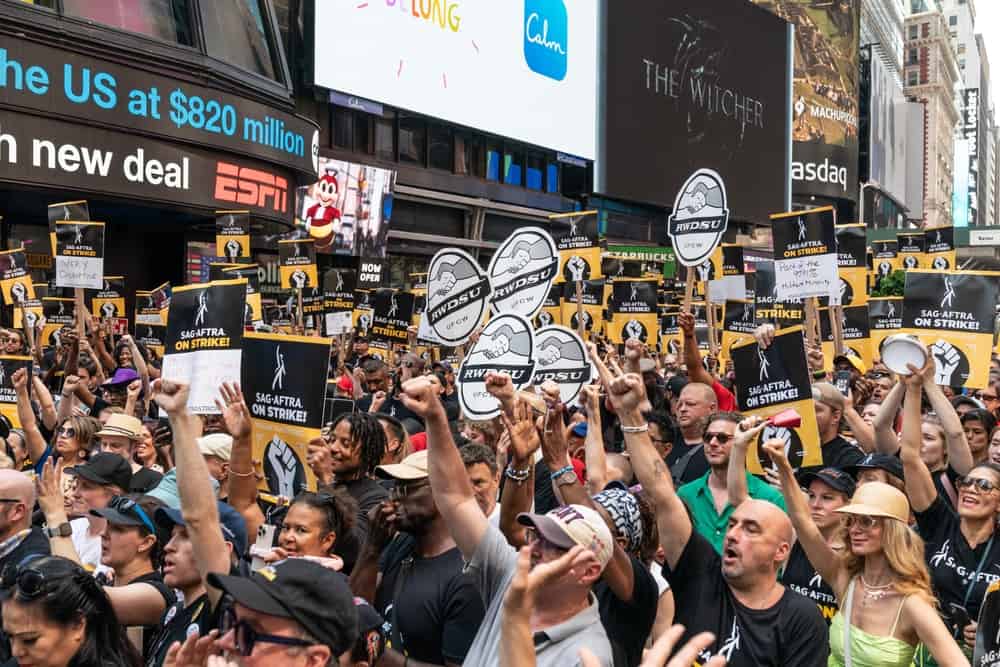Union members rallying in Times Square in this image from Shutterstock