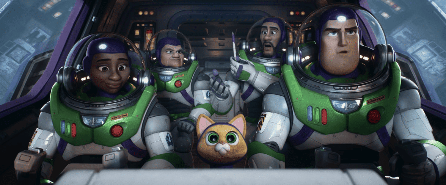 Buzz and his group of misfits are suited up with a cat in the middle in this image from Pixar Animation Studios.