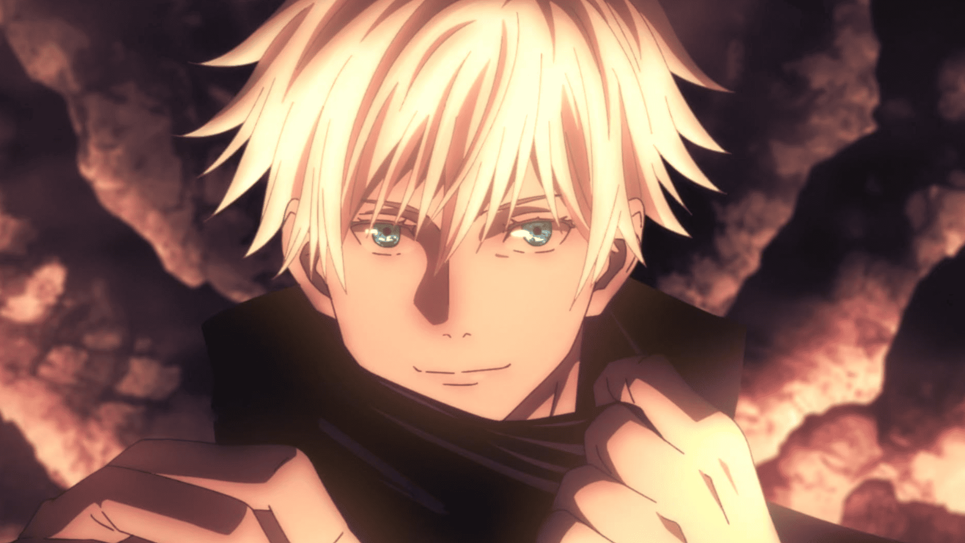 An animated man reveals his beautiful crystal blue eyes in this image from MAPPA.