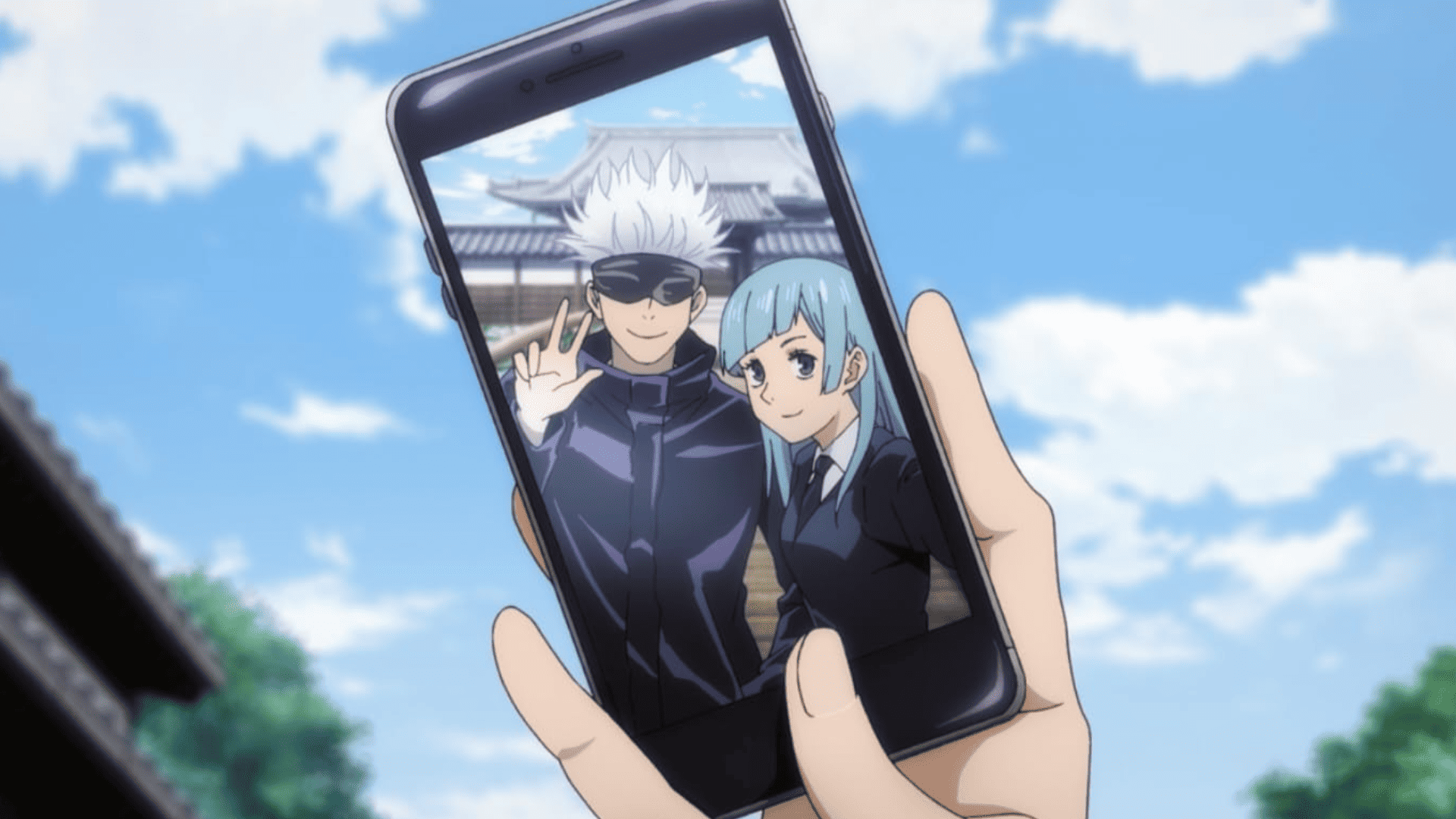 Someone holds up a phone and snaps a selfie in this image from MAPPA.