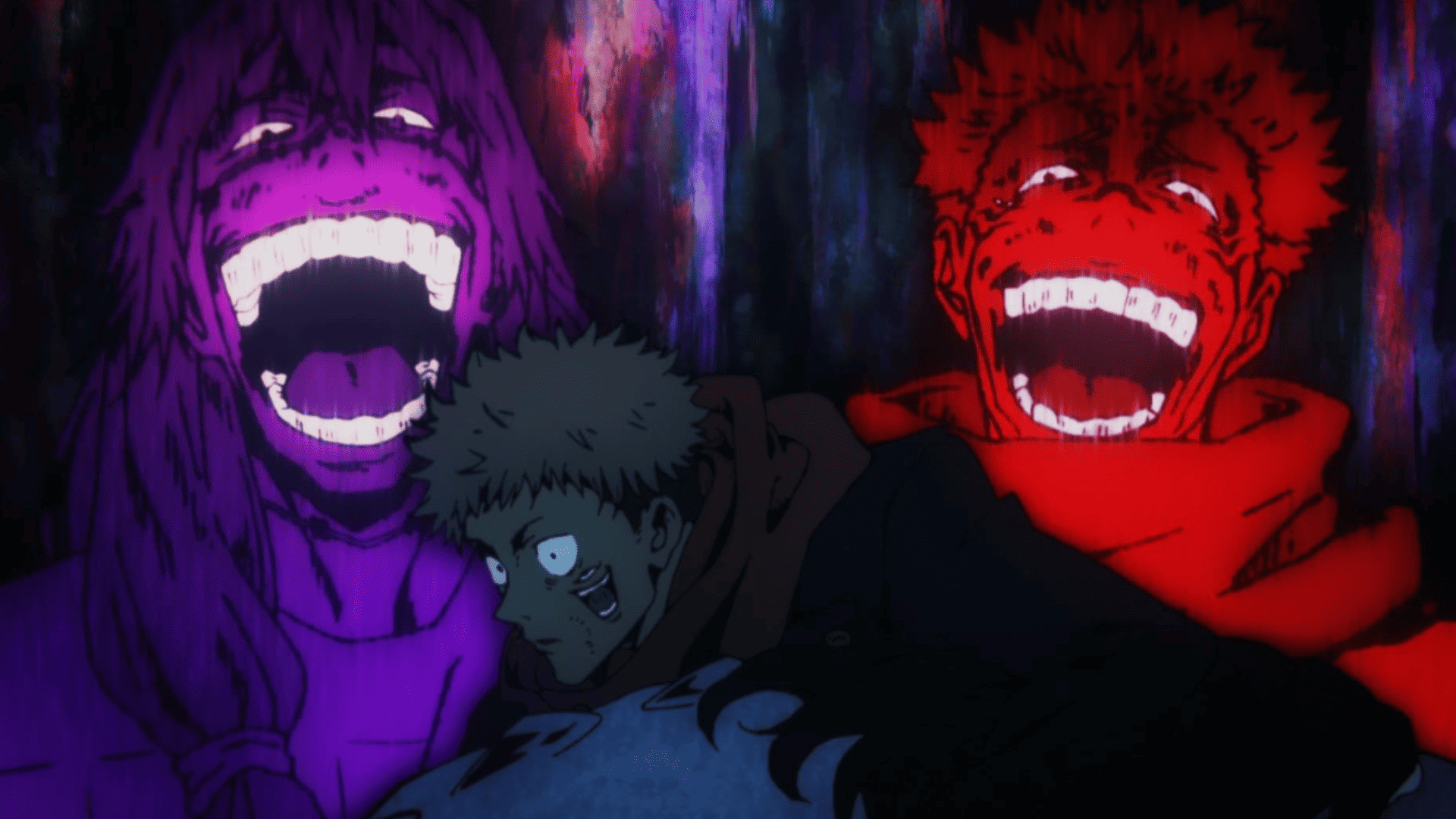 Two animated figures with wide-mouth laughs haunt a young man in this image from MAPPA.