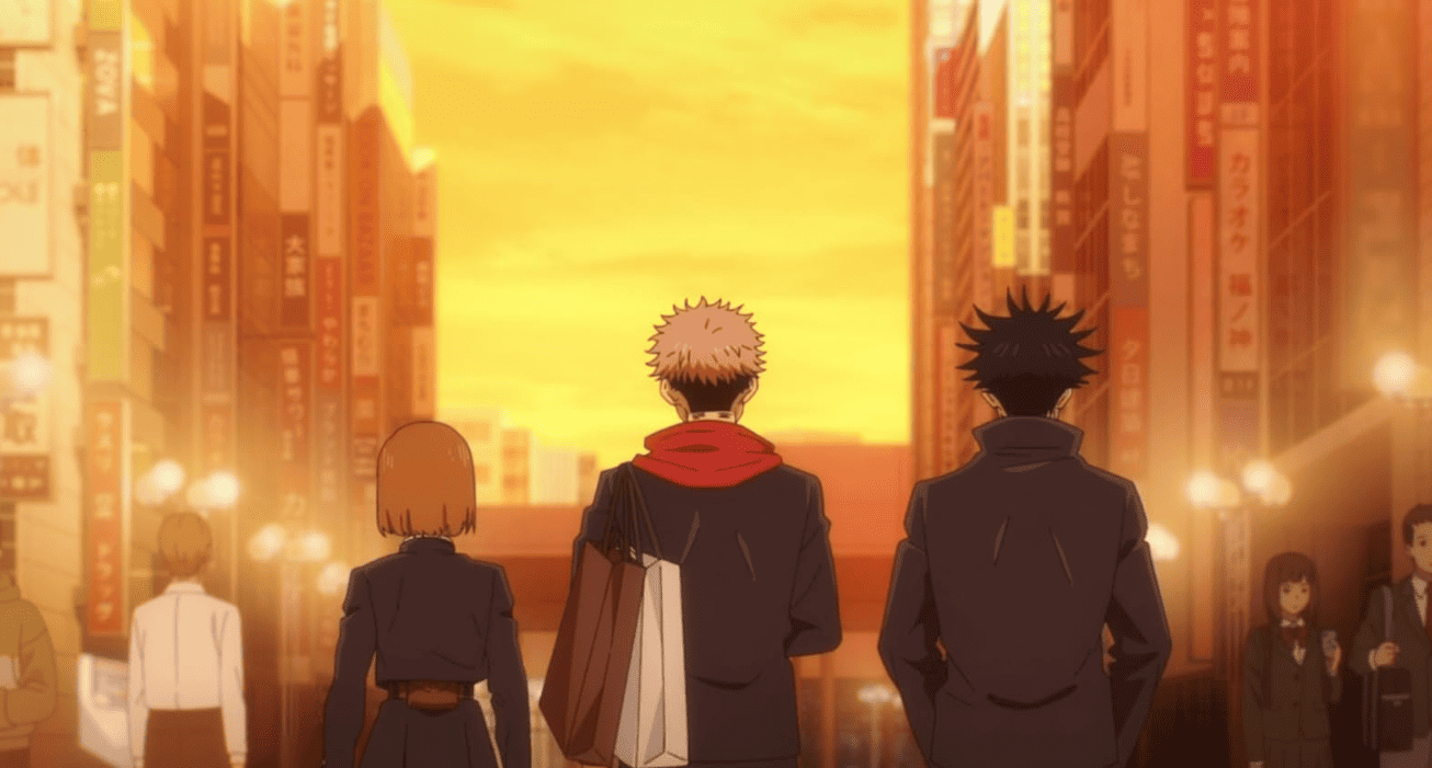 Animated high school characters take a stroll down through a shopping district with their backs to the camera in this image from MAPPA.