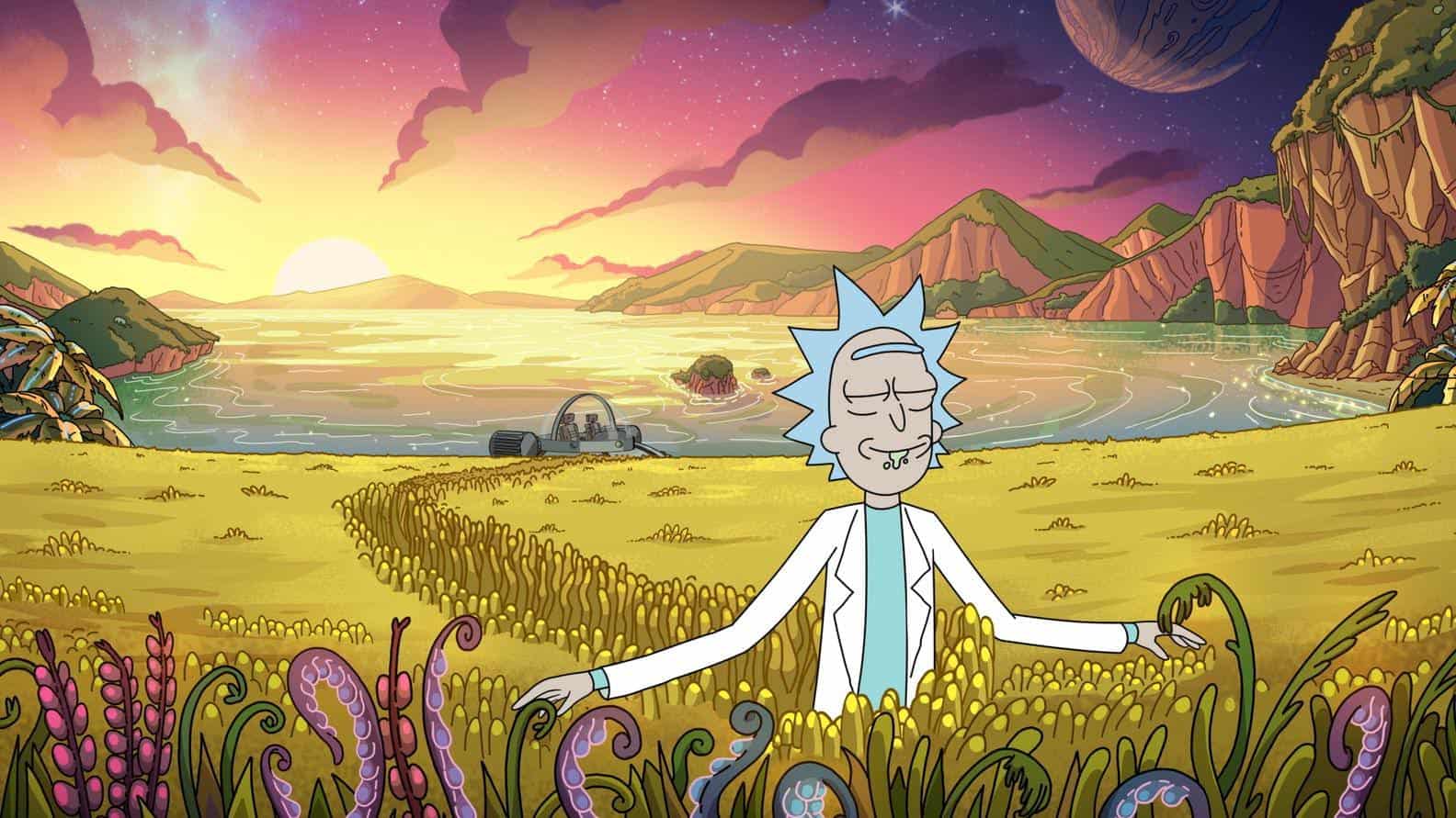 An animated scientist looking serene by an otherworldly lake in this image from Williams Street