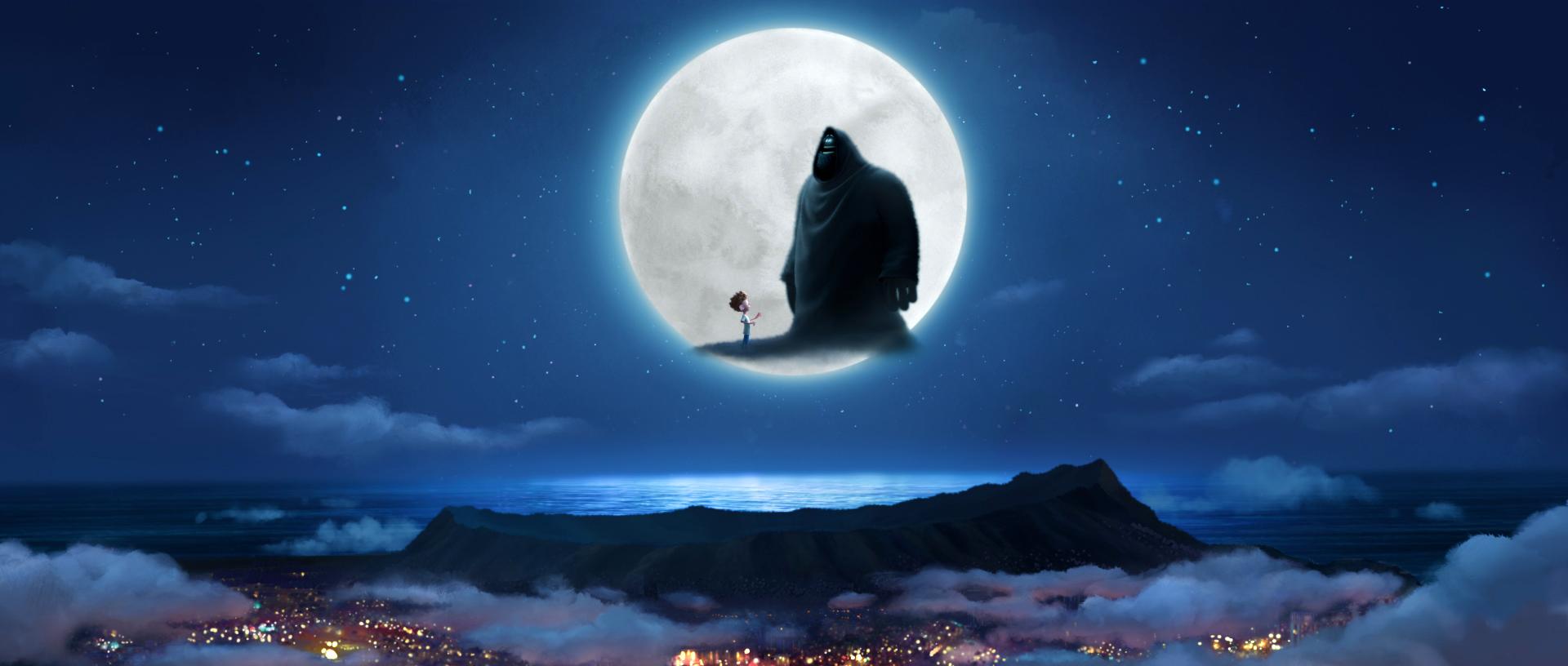 An animated boy and a spirit in front of the moon in this image from DreamWorks Animation.