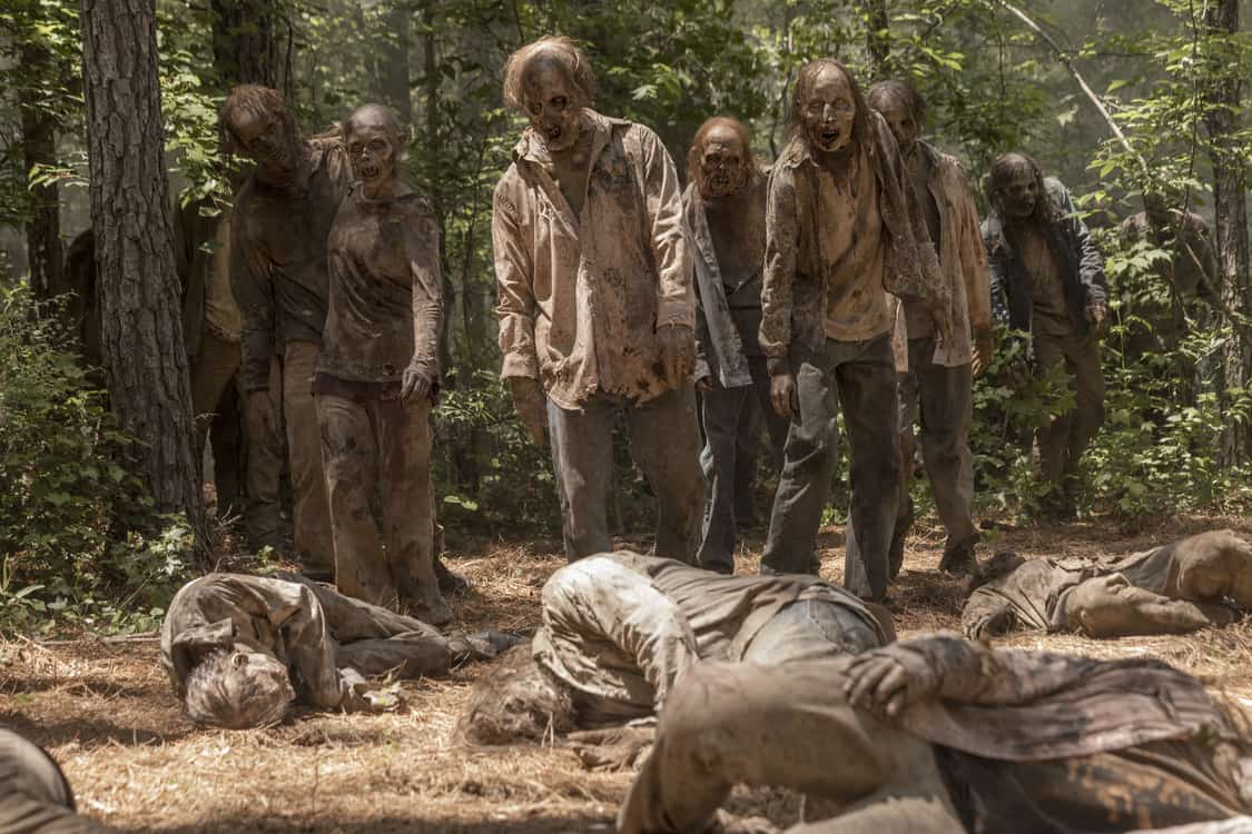 Zombie extras stagger through the woods in this image from AMC Studios