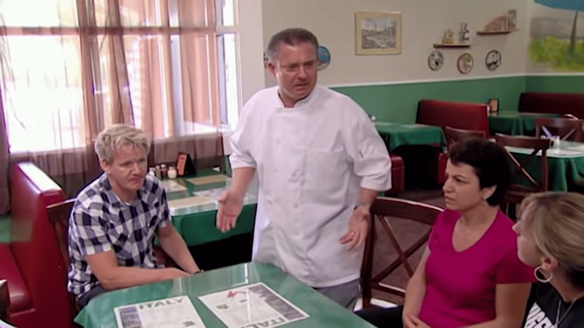 Chef Luigi screaming at his staff when Gordon Ramsay visits the restaurant in this image from Studio Ramsay Global