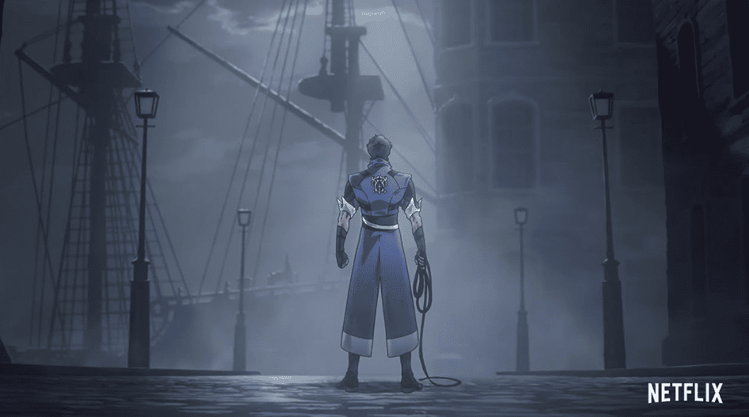 A man holds a whip in one hand while facing a ship docked at a harbor in this image from Project 51 Productions.