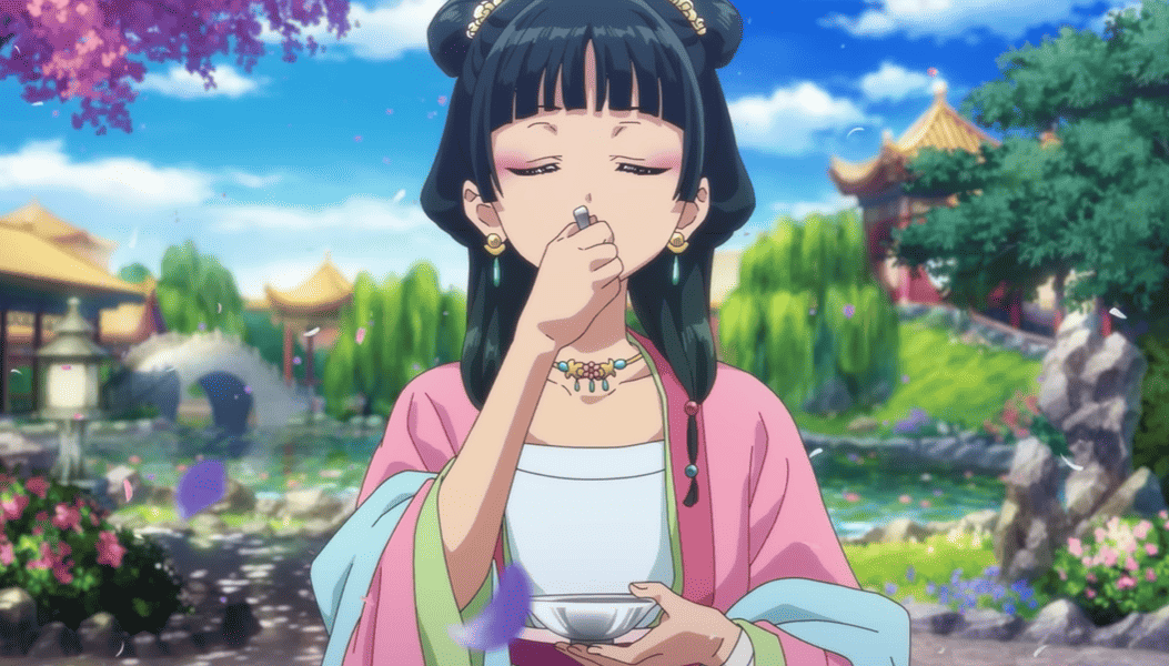 A woman sips soup in a gorgeous garden in this image from Toho Animation Studio.