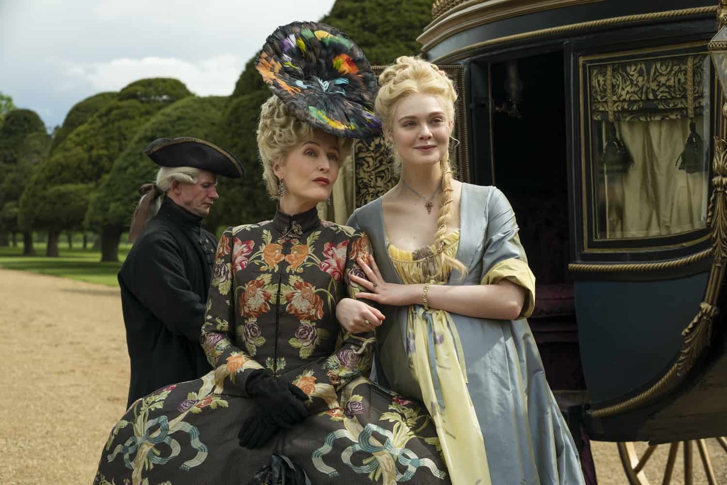 Two women dressed in historical gowns step out of a carriage in this image from Thruline Entertainment.